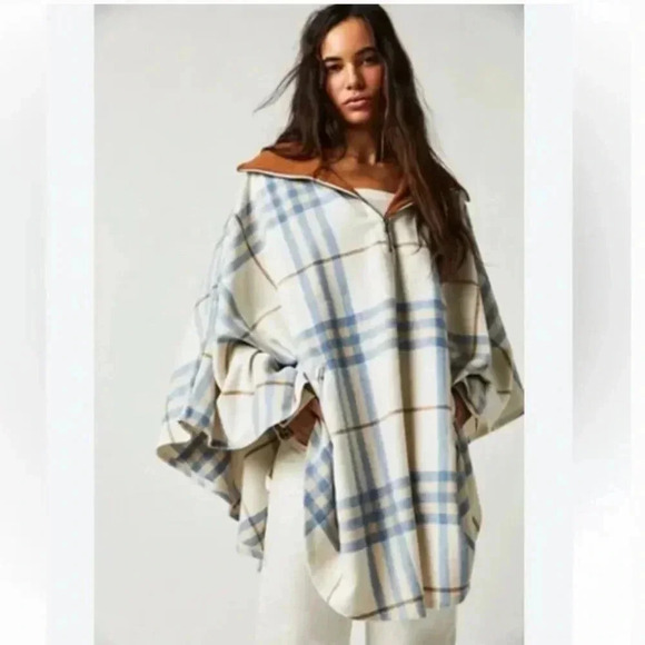 NWT Free People Woodstock Brushed Plaid Poncho Pullover Bohemian Cream Sweater - Picture 1 of 4